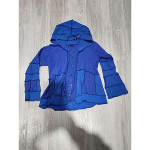Beldan Blue Patchwork Hooded Cardigan Sweater Bell Sleeves M Used